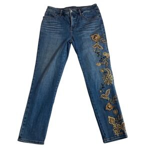 Chicos So Slimming Girlfriend Slim Leg Ankle Jeans 4R US Blue Embroidered Flower